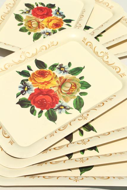 photo of vintage tole trays w/ flowers on creamy ivory, shabby cottage chic tray set #1