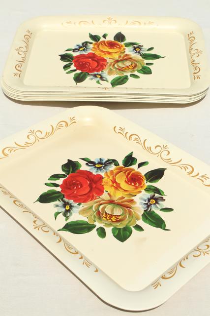 photo of vintage tole trays w/ flowers on creamy ivory, shabby cottage chic tray set #3