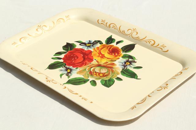 photo of vintage tole trays w/ flowers on creamy ivory, shabby cottage chic tray set #6