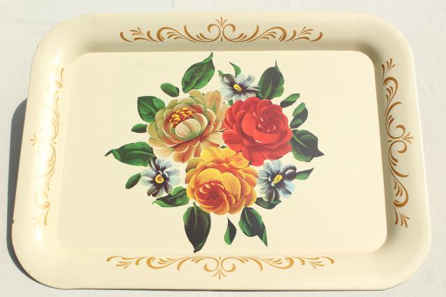 photo of vintage tole trays w/ flowers on creamy ivory, shabby cottage chic tray set #8