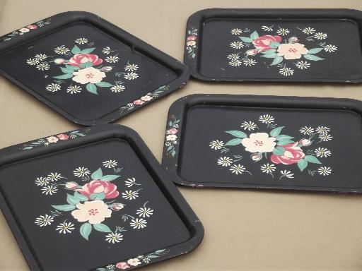 photo of vintage tole trays, shabby  tray set w/ hand-painted flowers on black #1