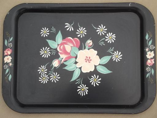 photo of vintage tole trays, shabby  tray set w/ hand-painted flowers on black #2