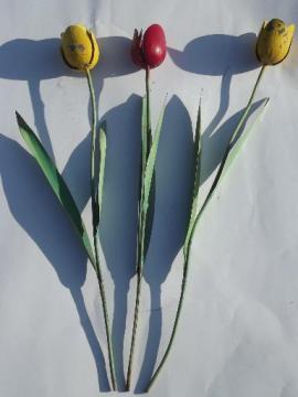 catalog photo of vintage tole tulips, retro red and yellow flowers lawn yard garden art