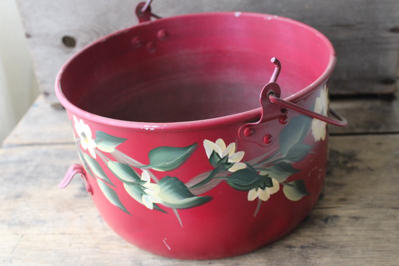 photo of vintage tole ware hand painted metal pail, large bucket for planter or Christmas tree #2