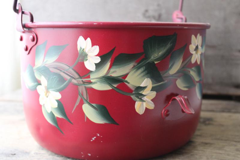 photo of vintage tole ware hand painted metal pail, large bucket for planter or Christmas tree #5