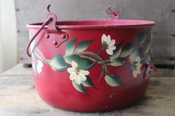 catalog photo of vintage tole ware hand painted metal pail, large bucket for planter or Christmas tree