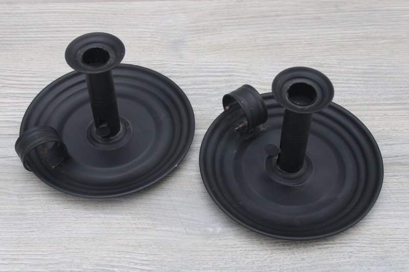 photo of vintage toleware, colonial style tin candlesticks pair black metal candle holders #4