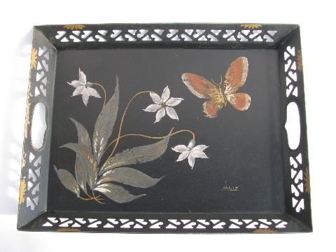 photo of vintage toleware, hand-painted floral tole tray, flowers and butterfly #1