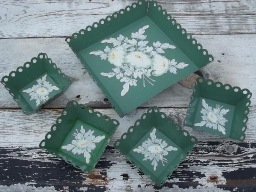 photo of vintage toleware lace edge box bowls, jade green tole painted flowers #1