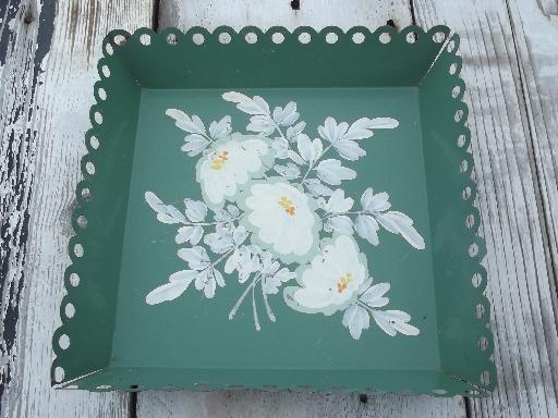 photo of vintage toleware lace edge box bowls, jade green tole painted flowers #3