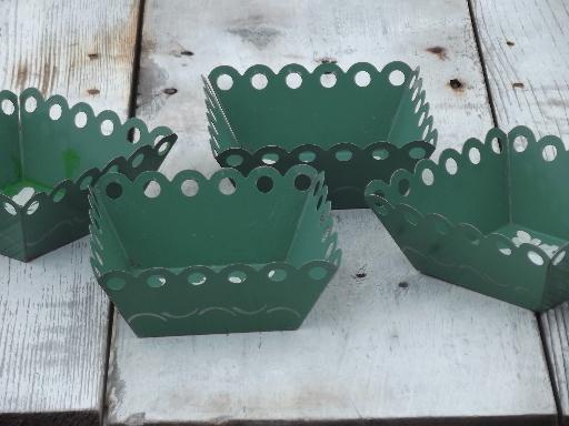 photo of vintage toleware lace edge box bowls, jade green tole painted flowers #4