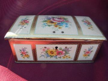 catalog photo of vintage toleware tin jewelry chest or sewing box, English floral tole