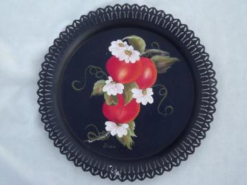 catalog photo of vintage toleware tray, hand-painted apples tole metal tray w/ pierced edge