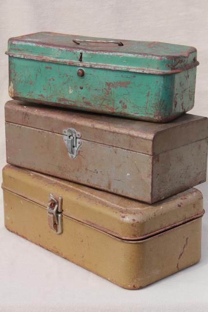 photo of vintage tool & tackle boxes, rustic industrial metal storage box collection #1