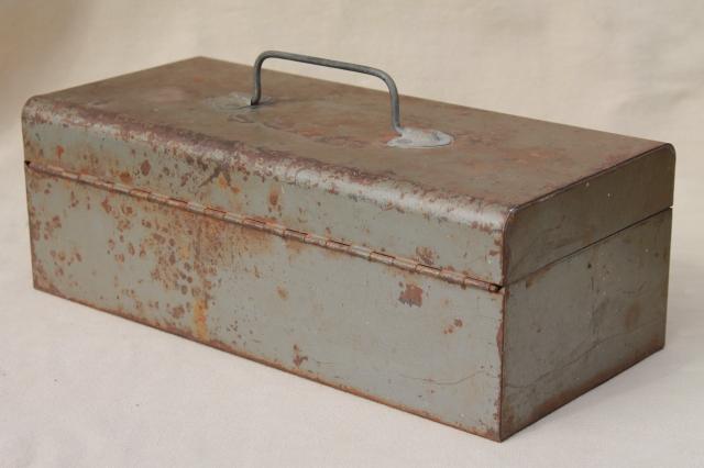 photo of vintage tool & tackle boxes, rustic industrial metal storage box collection #2