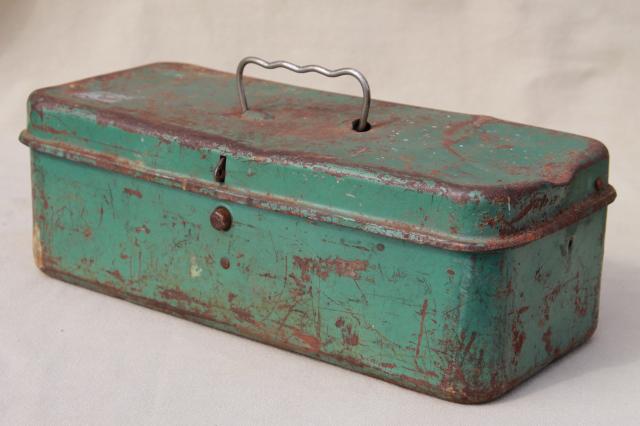 photo of vintage tool & tackle boxes, rustic industrial metal storage box collection #3