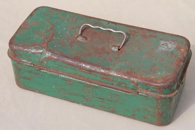 photo of vintage tool & tackle boxes, rustic industrial metal storage box collection #6