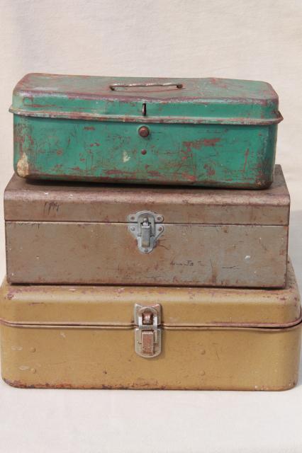 photo of vintage tool & tackle boxes, rustic industrial metal storage box collection #7