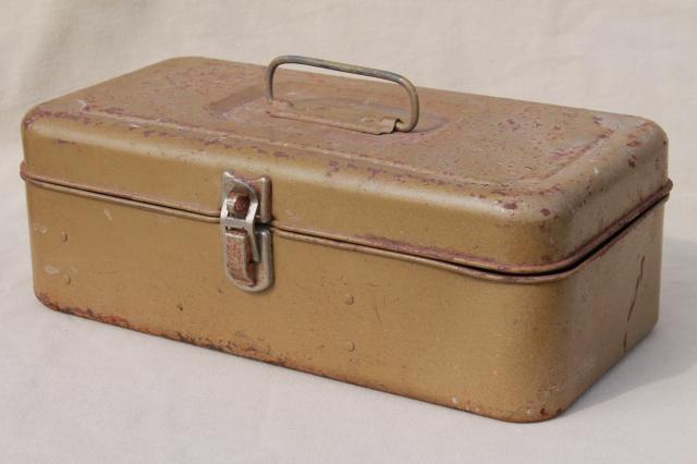 photo of vintage tool & tackle boxes, rustic industrial metal storage box collection #8