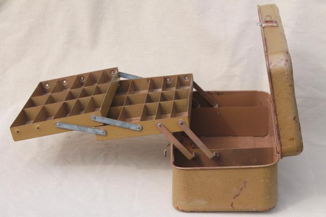 photo of vintage tool & tackle boxes, rustic industrial metal storage box collection #9