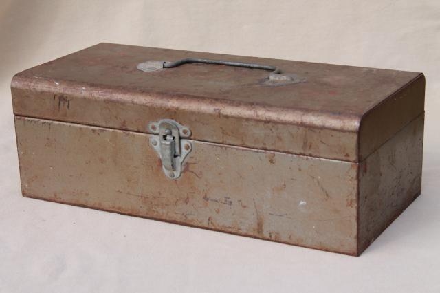 photo of vintage tool & tackle boxes, rustic industrial metal storage box collection #12