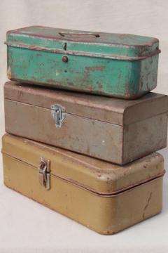 catalog photo of vintage tool & tackle boxes, rustic industrial metal storage box collection