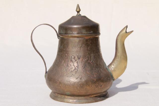 photo of vintage tooled brass coffee pot or tea pot, Turkish teapot?  #5