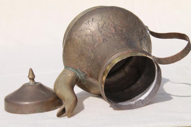 photo of vintage tooled brass coffee pot or tea pot, Turkish teapot?  #9