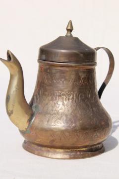 catalog photo of vintage tooled brass coffee pot or tea pot, Turkish teapot? 