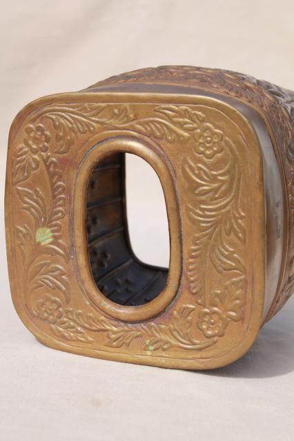 photo of vintage tooled brass tissue box cover, hand wrought metal w/ tarnished patina #5