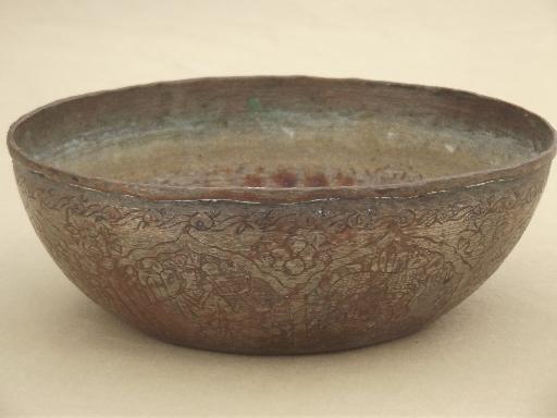 photo of vintage tooled copper bowl, ornate Persian design marked Iran #1