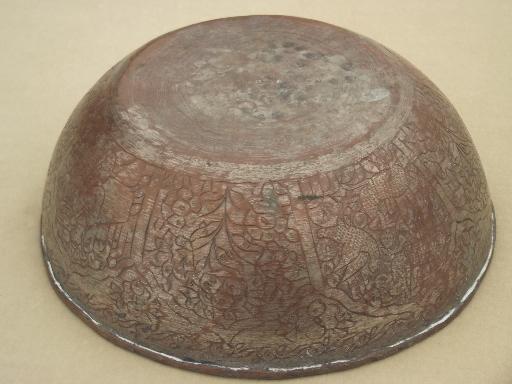 photo of vintage tooled copper bowl, ornate Persian design marked Iran #2