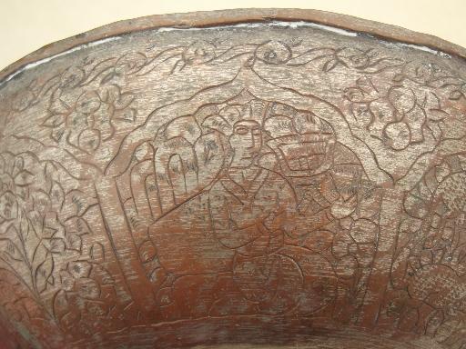 photo of vintage tooled copper bowl, ornate Persian design marked Iran #5