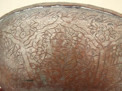 photo of vintage tooled copper bowl, ornate Persian design marked Iran #6