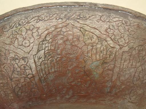 photo of vintage tooled copper bowl, ornate Persian design marked Iran #7