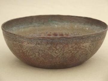 catalog photo of vintage tooled copper bowl, ornate Persian design marked Iran