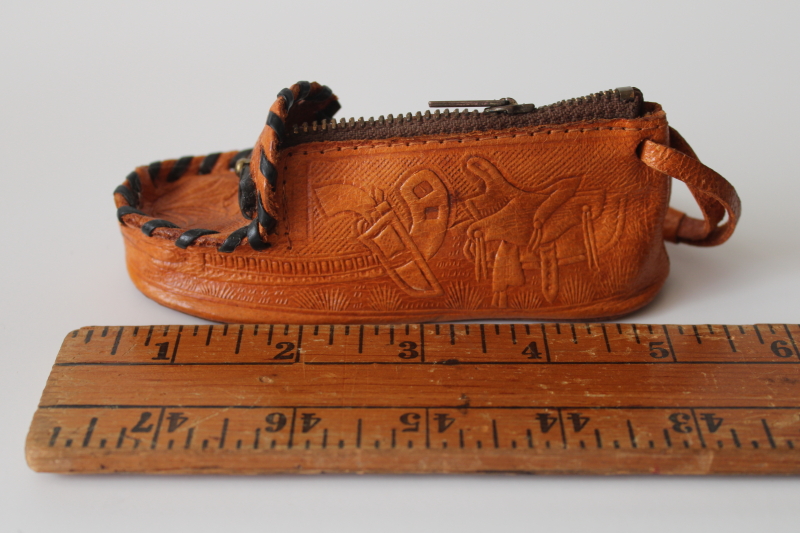 photo of vintage tooled leather change purse, Indian moccasin shape w/ horse & western cowboy gear  #2