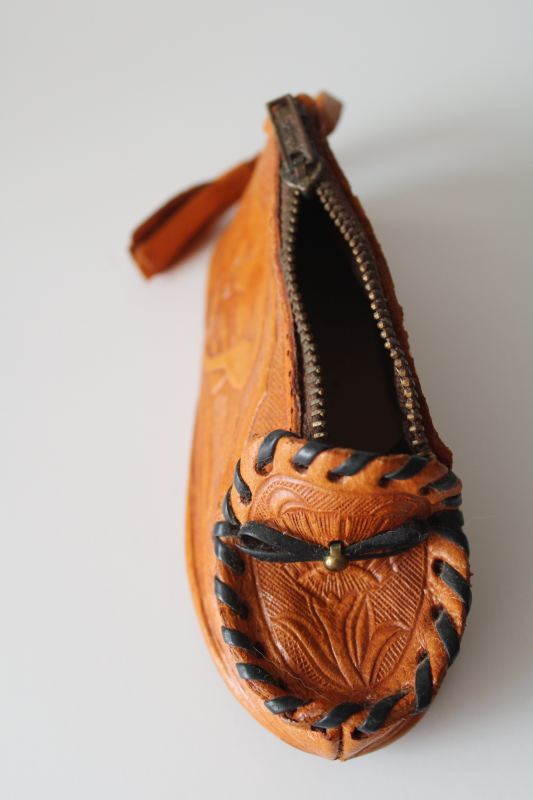 photo of vintage tooled leather change purse, Indian moccasin shape w/ horse & western cowboy gear  #3