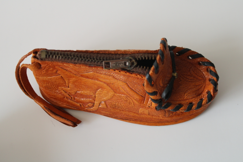 photo of vintage tooled leather change purse, Indian moccasin shape w/ horse & western cowboy gear  #4