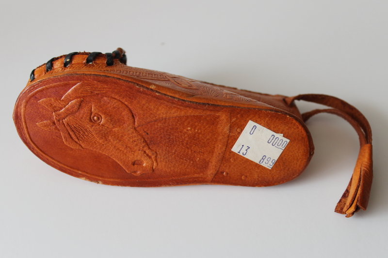 photo of vintage tooled leather change purse, Indian moccasin shape w/ horse & western cowboy gear  #5