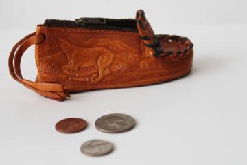 catalog photo of vintage tooled leather change purse, Indian moccasin shape w/ horse & western cowboy gear 