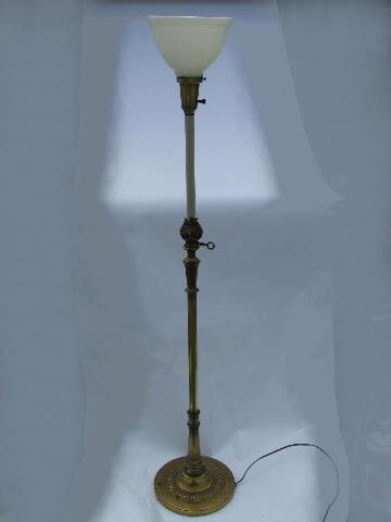 photo of vintage torch flame solid brass torchiere floor lamp, original Stiffel glass diffuser shade #1