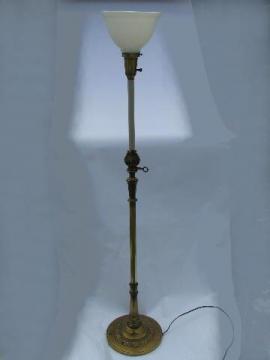 catalog photo of vintage torch flame solid brass torchiere floor lamp, original Stiffel glass diffuser shade