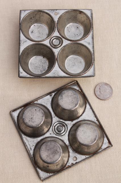 photo of vintage toy kitchen metal baking tins, muffin baking pans doll size miniature working bakeware  #9