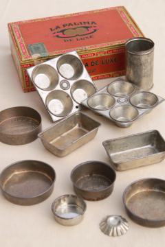 catalog photo of vintage toy kitchen metal baking tins, muffin baking pans doll size miniature working bakeware 