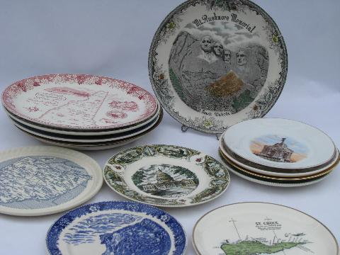 photo of vintage transferware china souvenir plate collection, state maps & landmarks #1