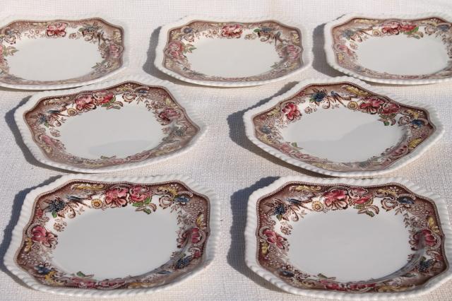 photo of vintage transferware china, square salad plates, Johnson Bros Devonshire #1