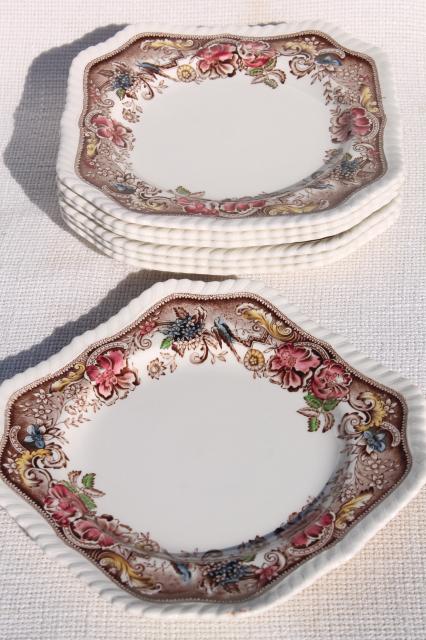 photo of vintage transferware china, square salad plates, Johnson Bros Devonshire #2