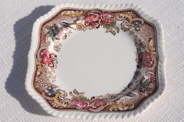 photo of vintage transferware china, square salad plates, Johnson Bros Devonshire #3