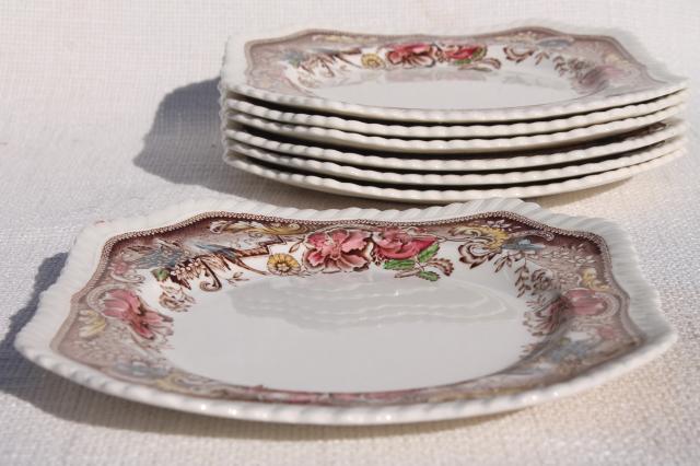 photo of vintage transferware china, square salad plates, Johnson Bros Devonshire #4